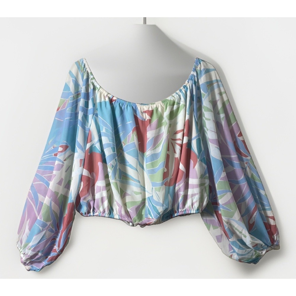 Pink Lily Off Shoulder Balloon Sleeve Cropped Tropical Chiffon Blouse Women XL